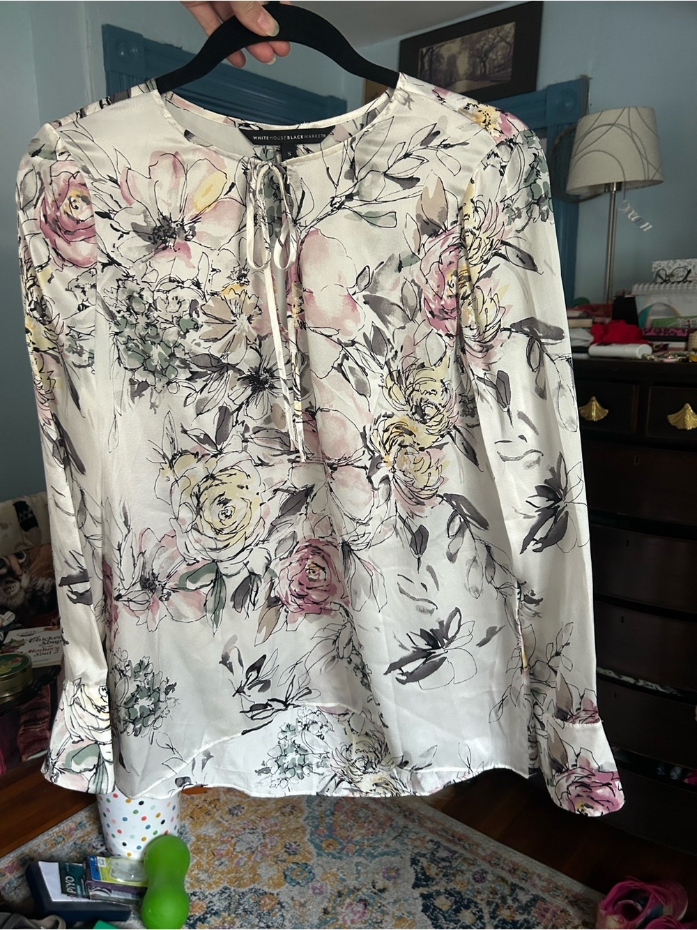 WHBM Cream Floral Tie-Neck Blouse